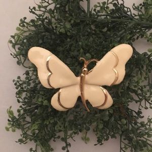 Lovely Enameled Butterfly Brooch Cream and Gold